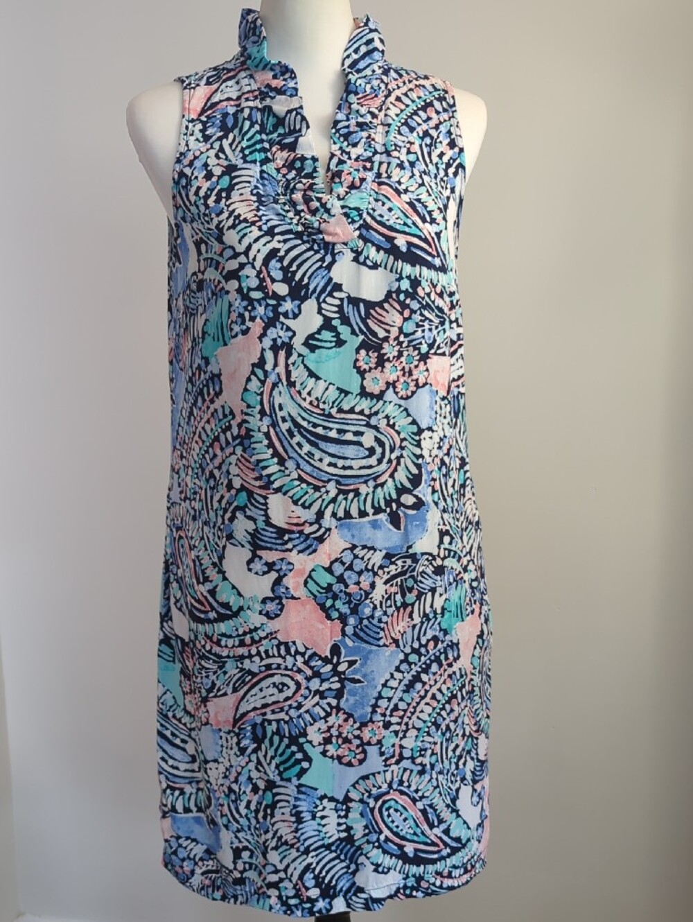 Crown & Ivy Ruffle Neck Sleeveless Shift Dress Pink Blue Swirl Paisley SMALL